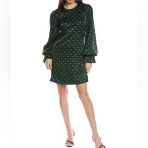 Flora Bea NYC Black&Green Polka Dot Satin Mini Dress NWT Sz Small Bishop Sleeve